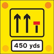 Signs used on the back of slow-moving or stationary vehicles warning of a lane closed ahead by a works vehicle. There are no cones on the road A.