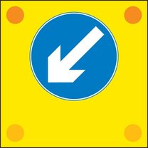 Slow-moving or stationary works vehicle blocking a traffic lane. Pass in the direction shown by the arrow.