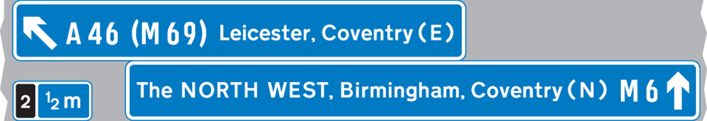 The panel with the inclined arrow indicates the destinations which can be reached by leaving the motorway at the next junction